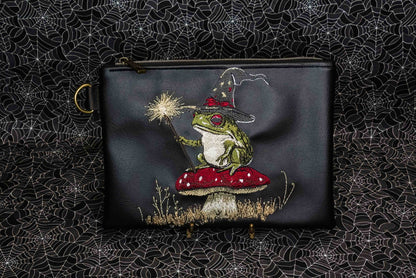 Frog Witch Black Flat Zip Pouch with Brass Hardware
