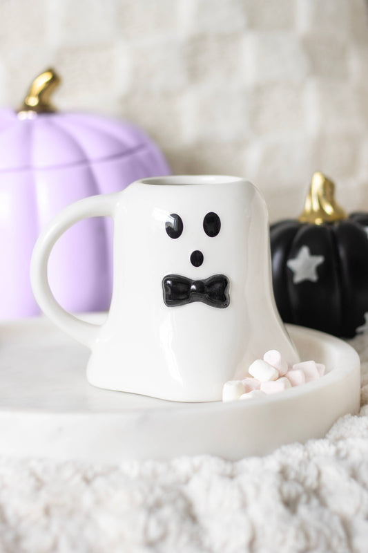 Mr. Boo Ghost Shaped Halloween Mug with Bow Tie