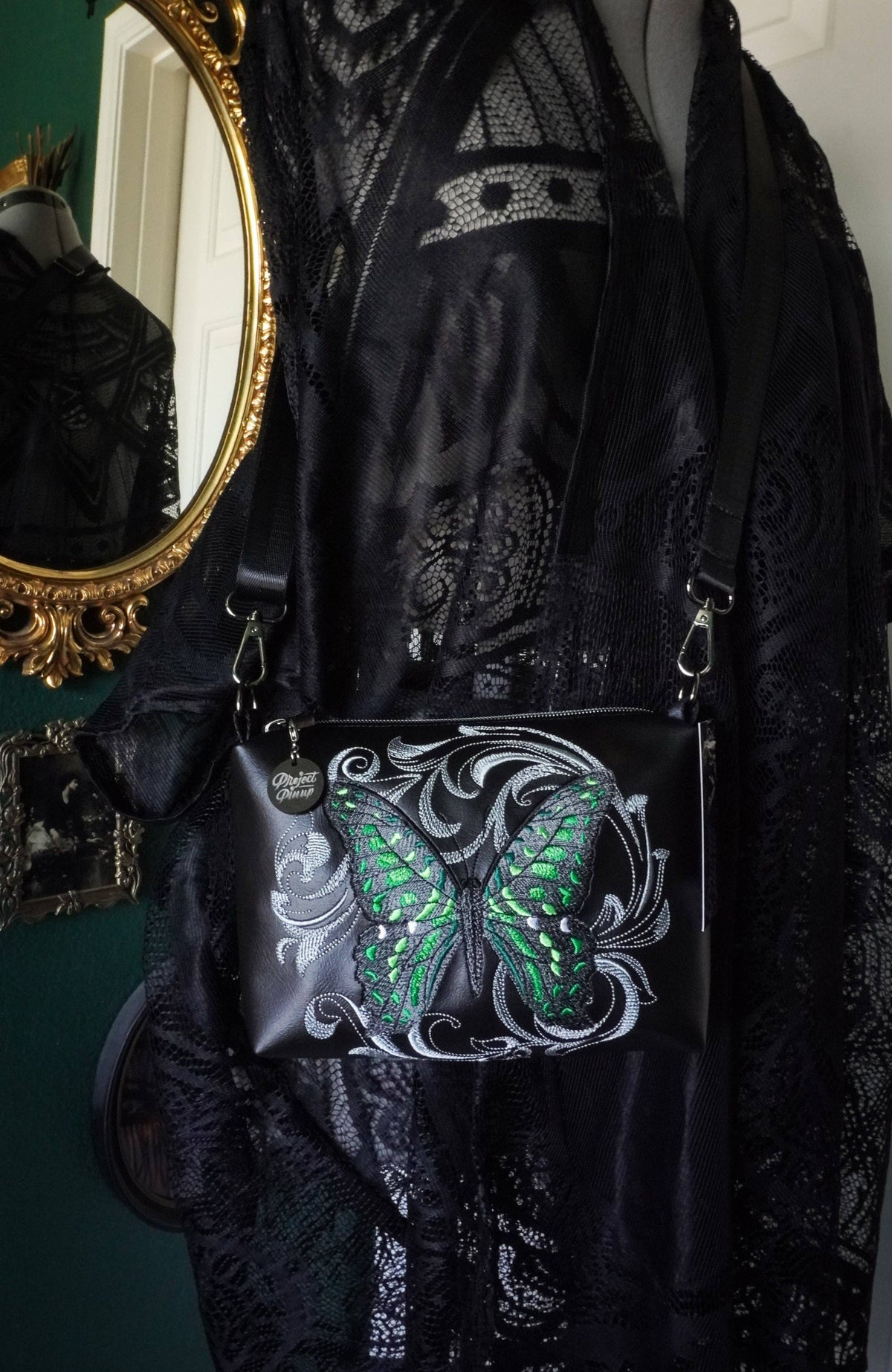 Baroque Tailed Jay Green Spotted Butterfly Small Crossbody Bag – Handmade, Vegan Leather, Colorful Embroidery, Gunmetal Hardware