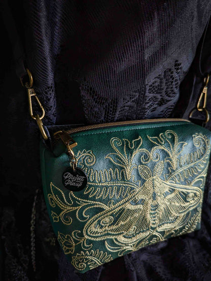 Forest Green and Gold Forest Moth Small Crossbody Bag – Handmade, Vegan Leather, Gold Embroidery, Brass Hardware