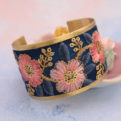 Vintage Pink Blue Embroidered Cuff Bracelet