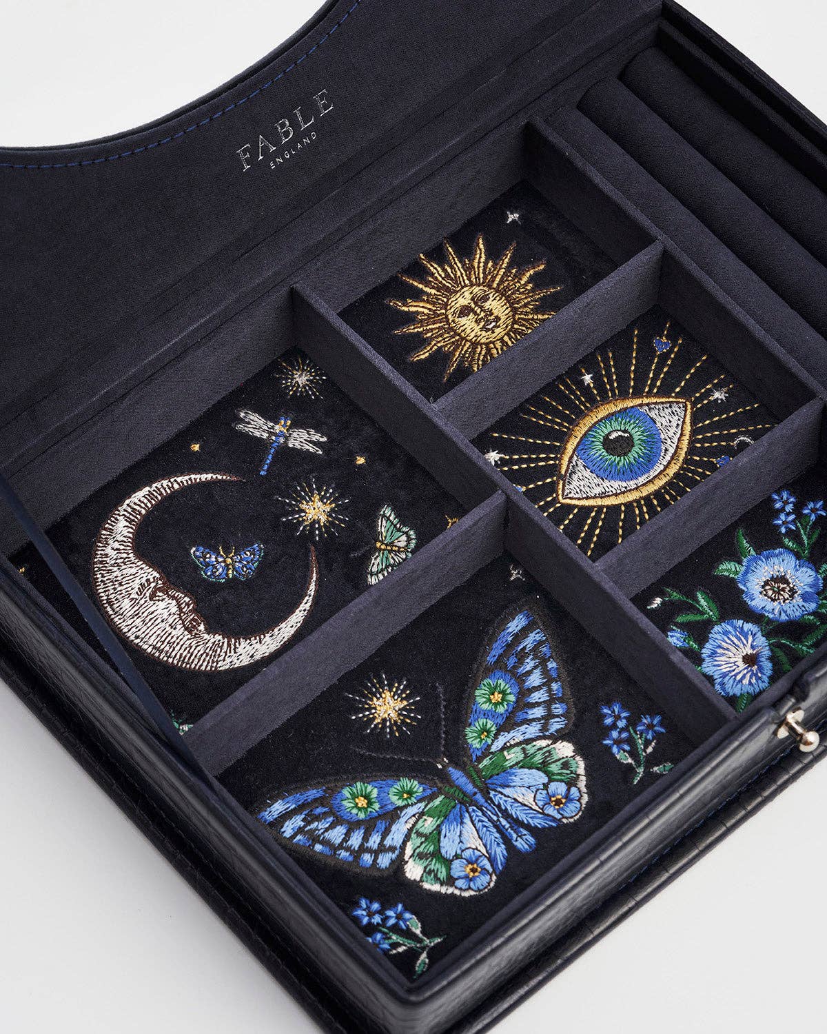 Night Sky Embroidered Large Jewelry Box in Navy Croc