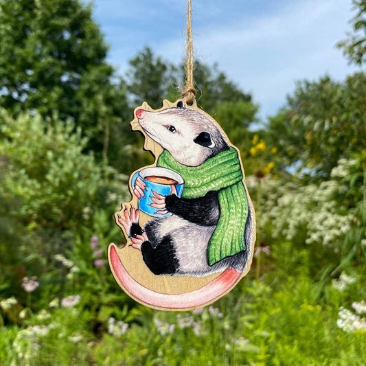 Cozy Opossum with Mug Wood Print Ornament