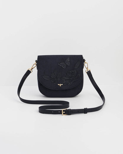 Beth Floral Applique Saddle Bag in Navy Suedette