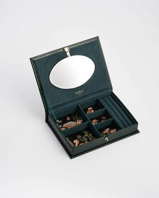 Meadow Scene Embroidered Large Jewelry Box in Forest Green