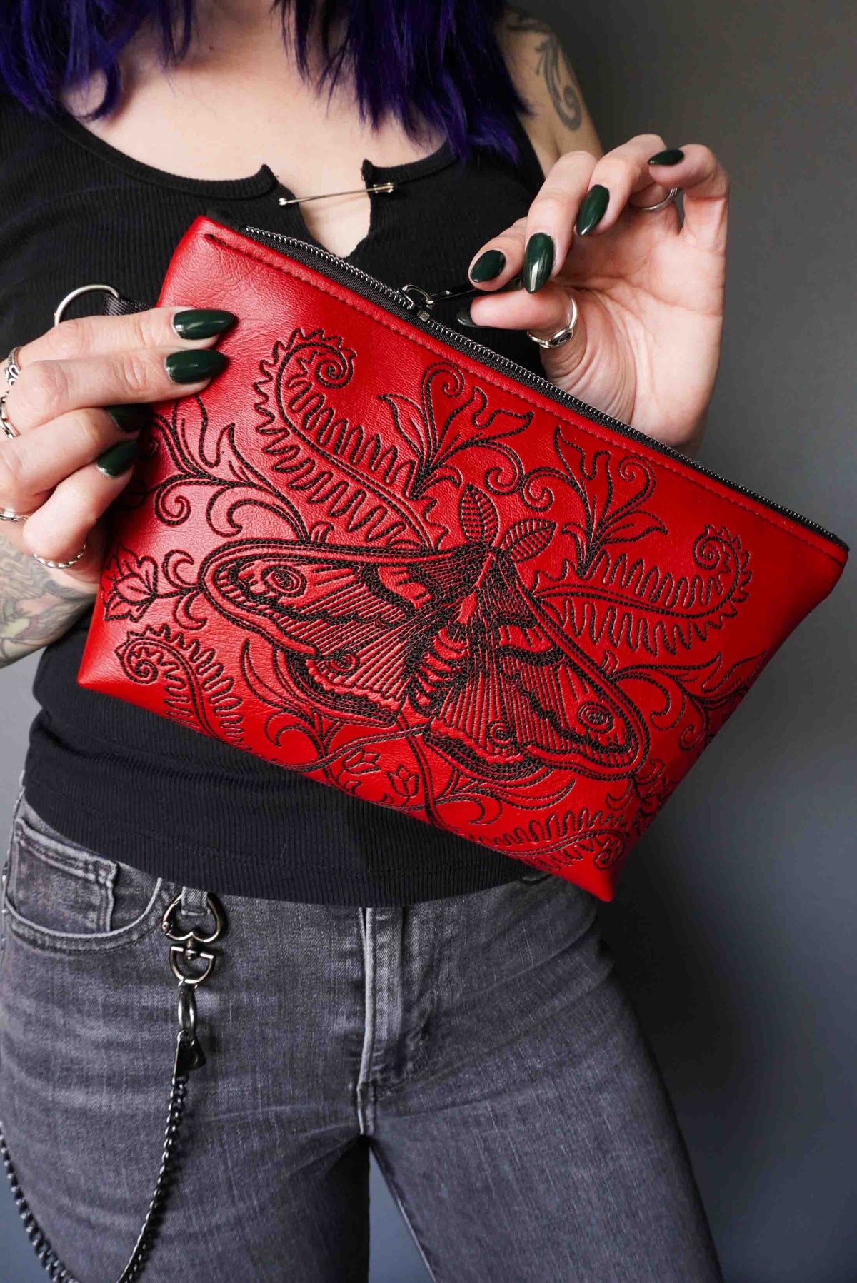 Forest Moth Cosmetic Bag - Handmade, Vegan Leather, Gunmetal Hardware