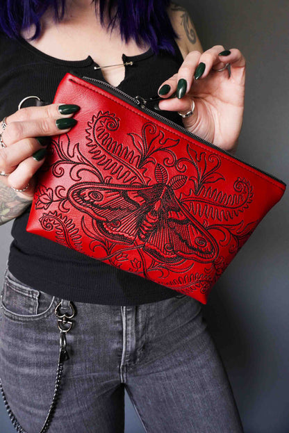 Forest Moth Cosmetic Bag - Handmade, Vegan Leather, Gunmetal Hardware