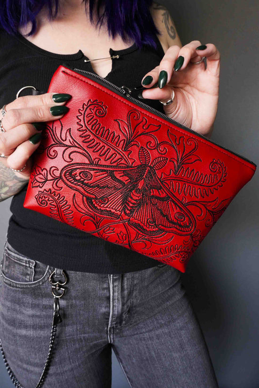 Forest Moth Cosmetic Bag - Handmade, Vegan Leather, Gunmetal Hardware