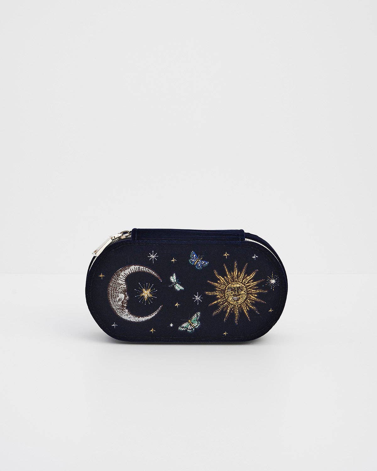 Night Sky Embroidered Oval Jewelry Box in Navy Velvet