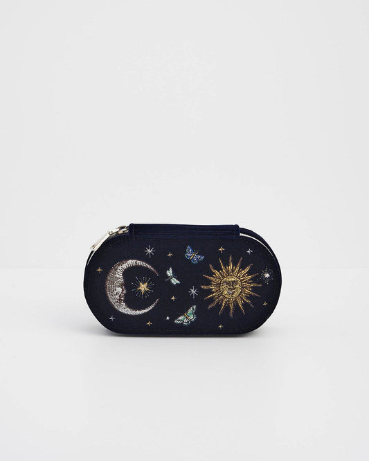 Night Sky Embroidered Oval Jewelry Box in Navy Velvet