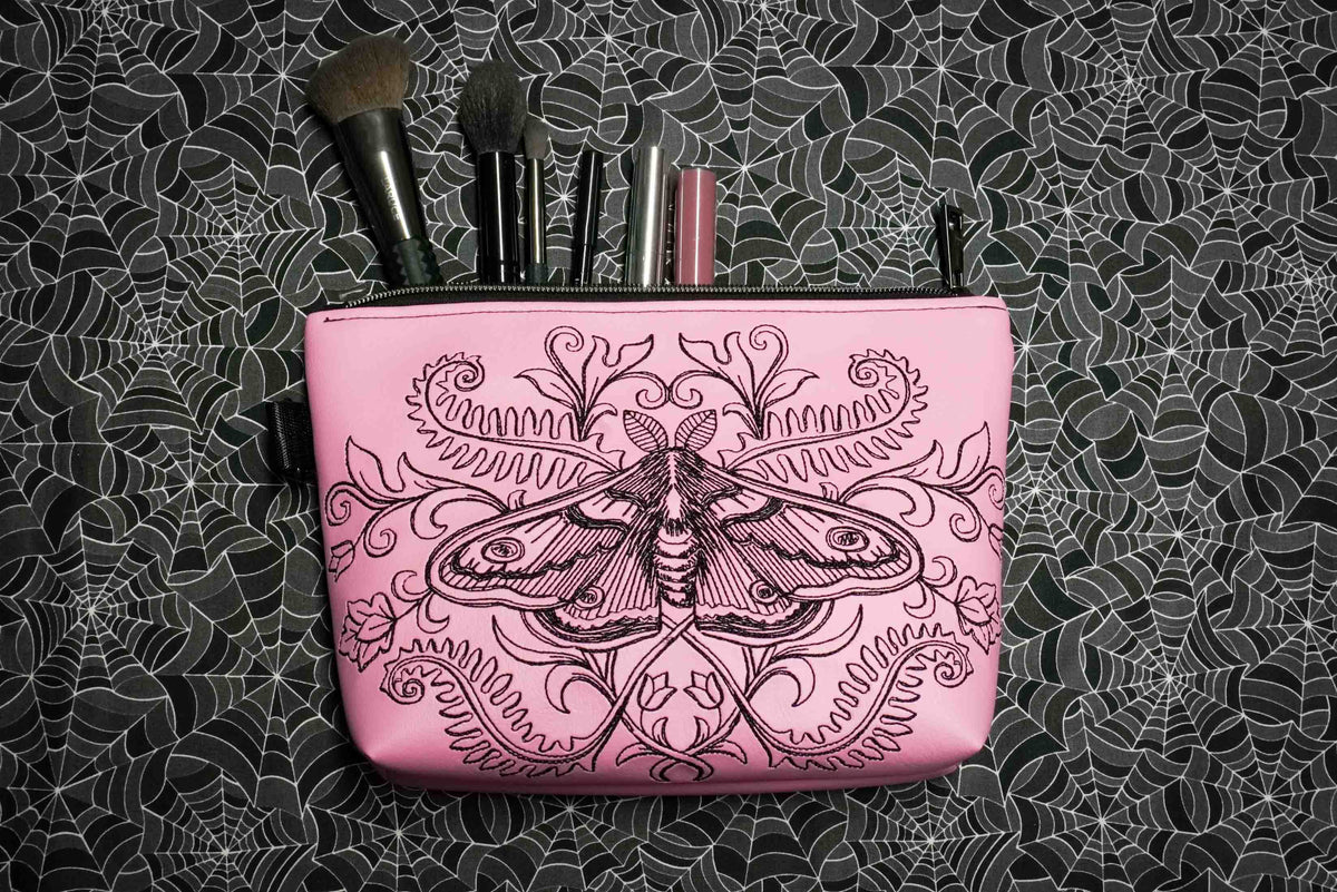 Forest Moth Cosmetic Bag - Handmade, Vegan Leather, Gunmetal Hardware