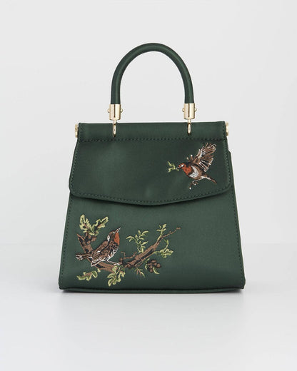 FABLE Robin Love Embroidered Green Satin Tote