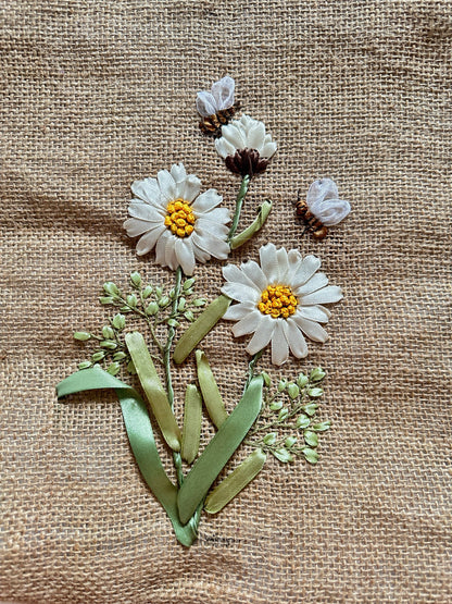 Ribbon Embroidered Daisy Branch Jute Tote Bag