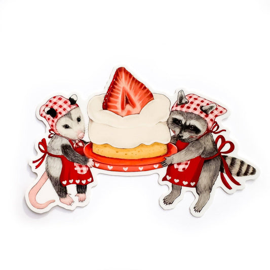 Pegatina de vinilo resistente a la intemperie con diseño de zarigüeya y mapache en forma de pastel de fresa