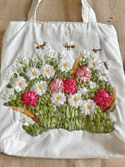 White Linen Tote Bag With Flower Garden Ribbon Embroidery