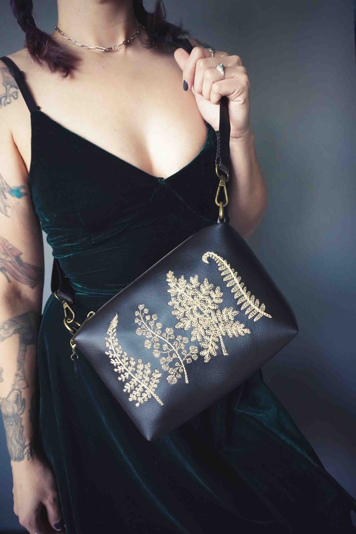 Black and Gold Forest Ferns Small Crossbody Bag – Handmade, Vegan Leather, Gold Embroidery, Brass Hardware