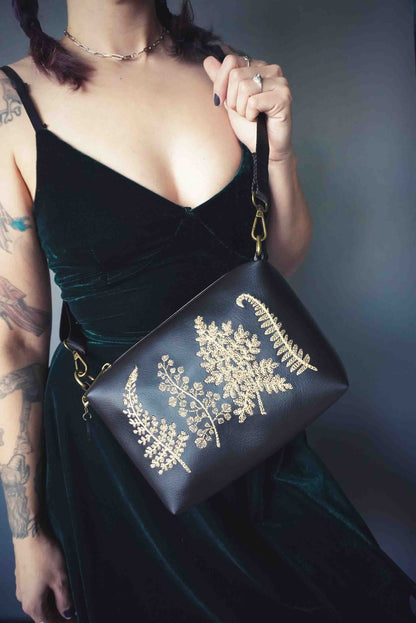 Black and Gold Forest Ferns Small Crossbody Bag – Handmade, Vegan Leather, Gold Embroidery, Brass Hardware