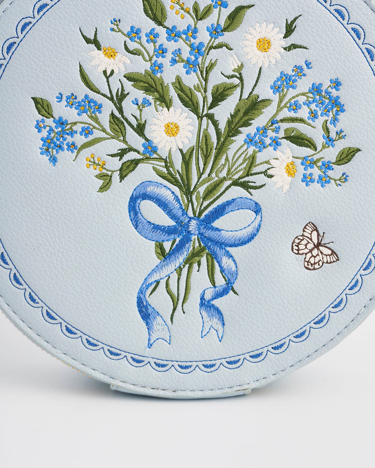 Floral Bow Blue Embroidered Circle Bag