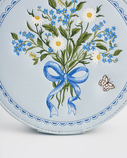 Floral Bow Blue Embroidered Circle Bag