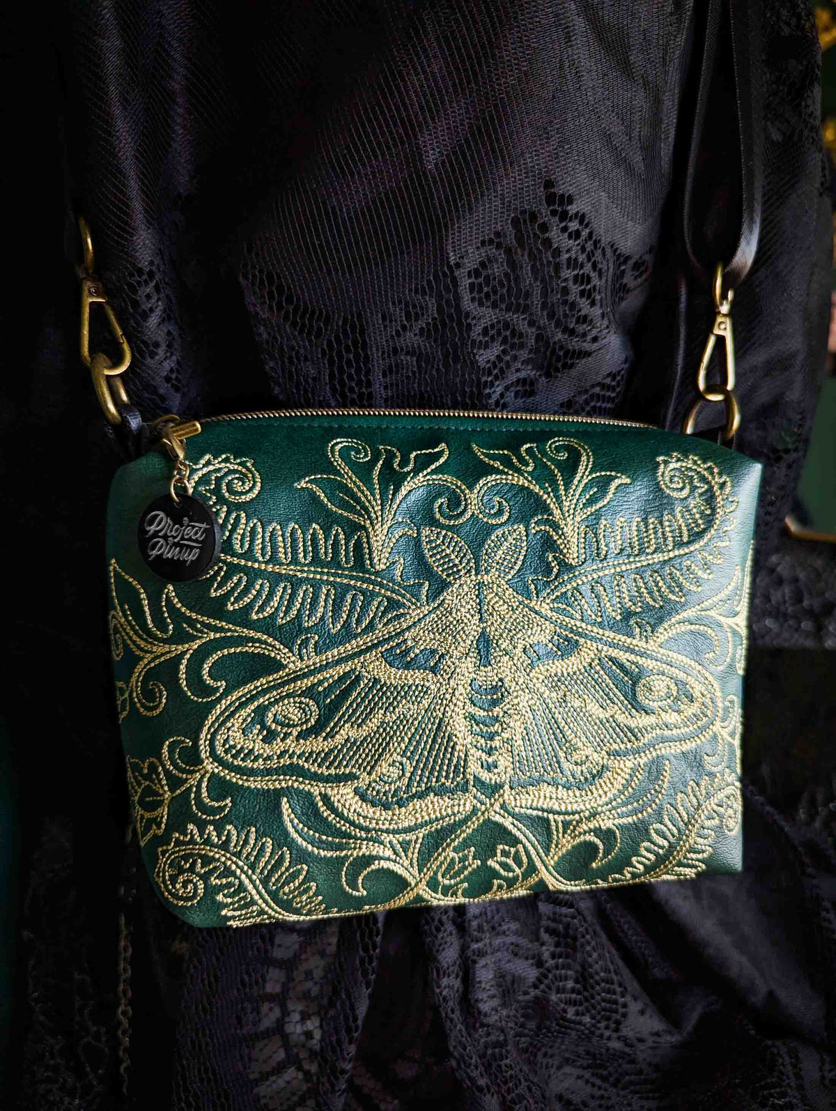 Forest Green and Gold Forest Moth Small Crossbody Bag – Handmade, Vegan Leather, Gold Embroidery, Brass Hardware