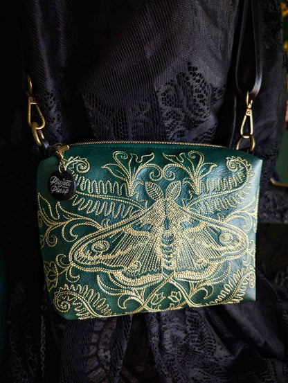 Forest Green and Gold Forest Moth Small Crossbody Bag – Handmade, Vegan Leather, Gold Embroidery, Brass Hardware