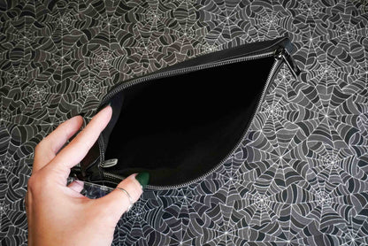 Filigree Raven Black Cosmetic Bag - Handmade, Vegan Leather, Gunmetal Hardware