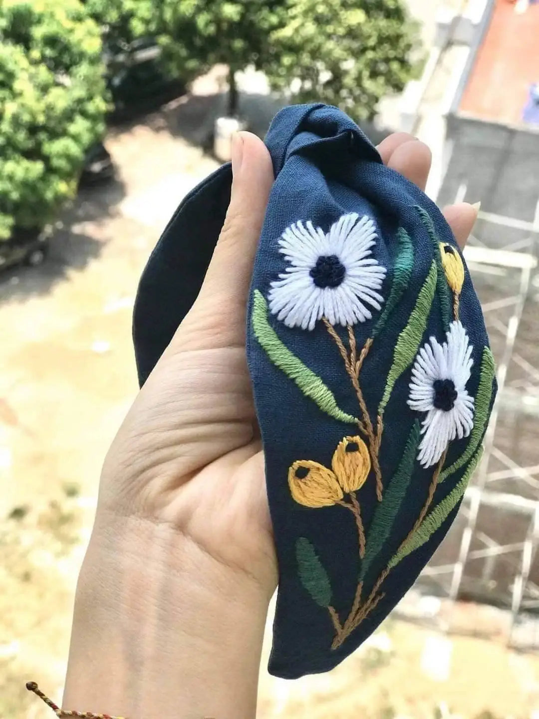 Floral Embroidered Linen Knot Turban-Style Headband