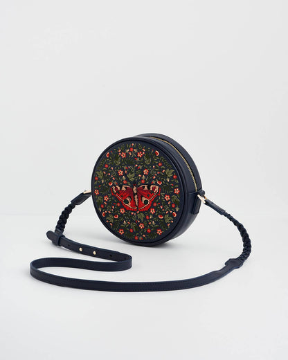 Red Admiral Moth - Navy Embroidered Circle Bag