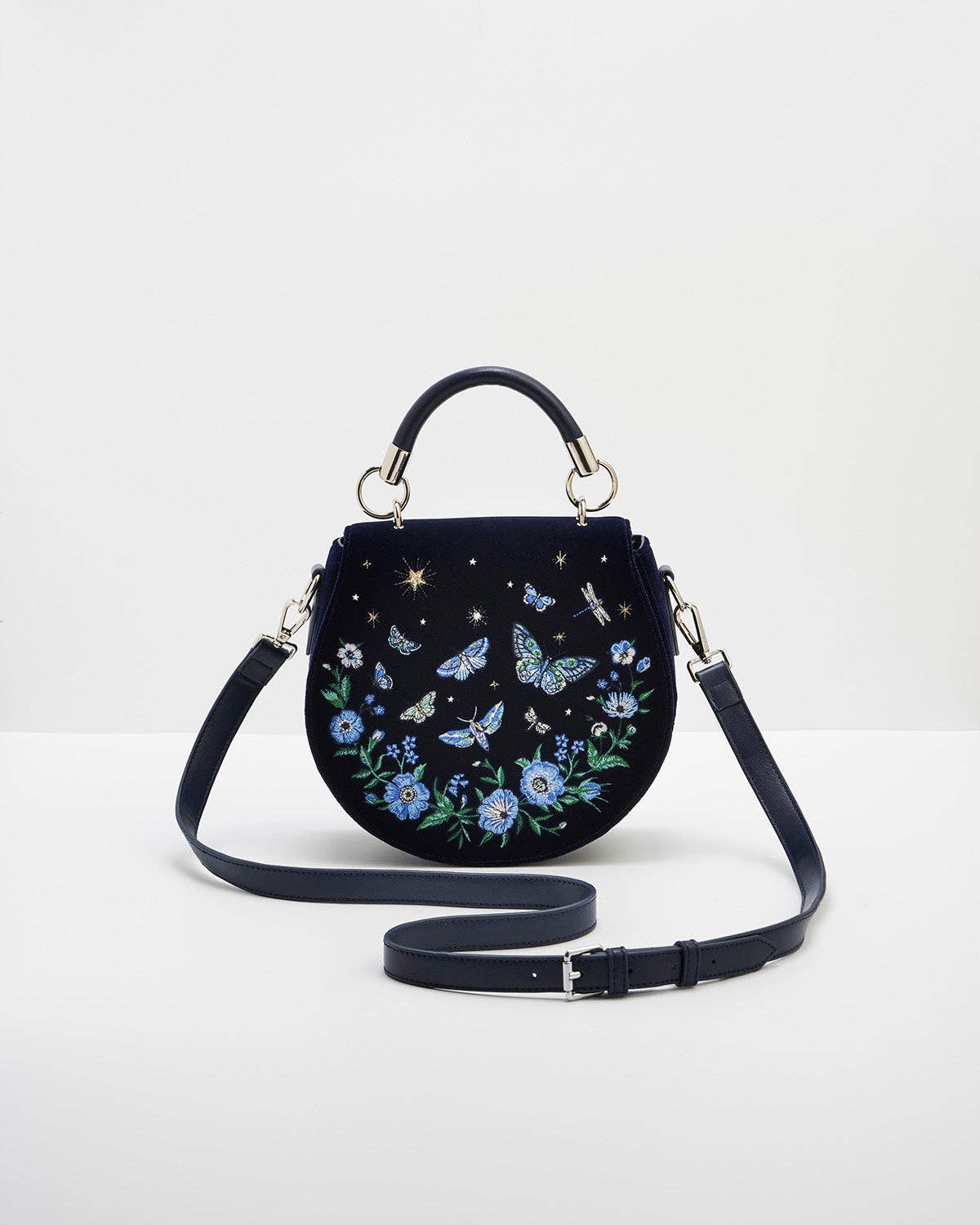Charlotte Butterfly Embroidered Saddle Bag in Navy Velvet