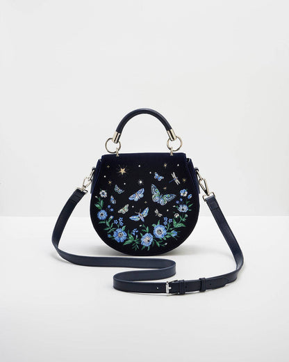 Charlotte Butterfly Embroidered Saddle Bag in Navy Velvet