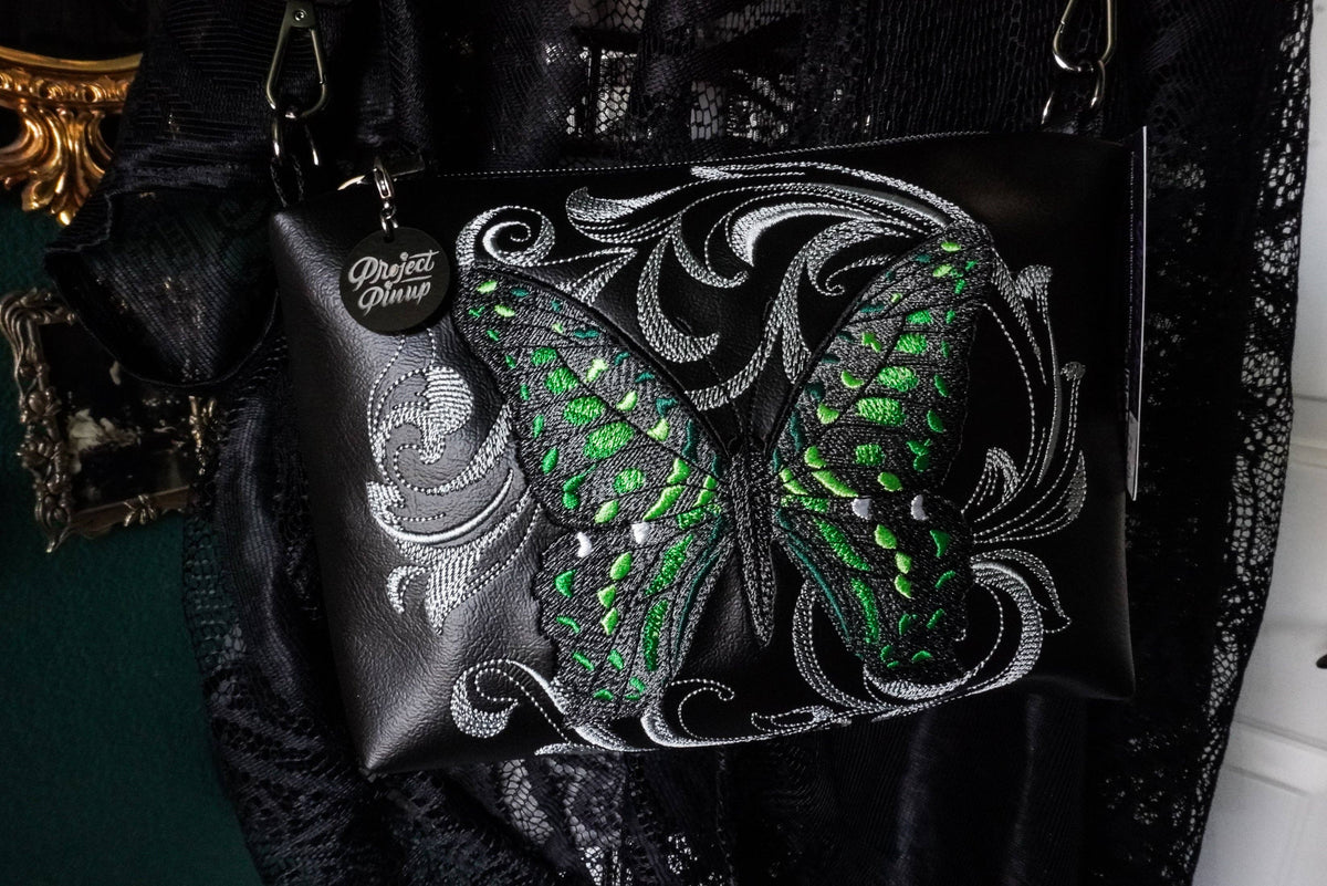 Baroque Tailed Jay Green Spotted Butterfly Small Crossbody Bag – Handmade, Vegan Leather, Colorful Embroidery, Gunmetal Hardware
