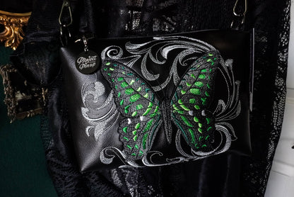 Baroque Tailed Jay Green Spotted Butterfly Small Crossbody Bag – Handmade, Vegan Leather, Colorful Embroidery, Gunmetal Hardware