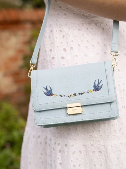 Bird Blue Embroidered Foldover Bag