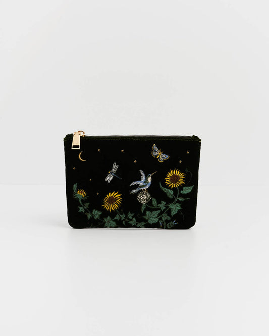 Sunflower Green Velvet Embroidered Pouch
