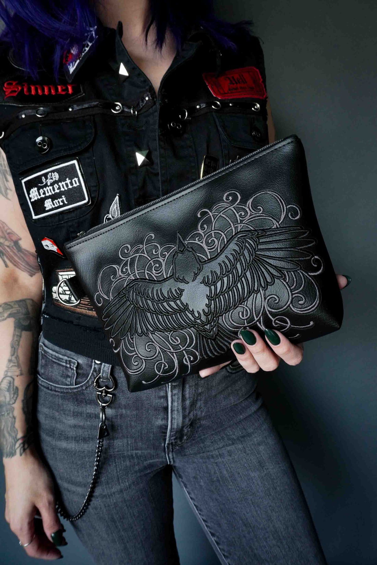 Filigree Raven Black Cosmetic Bag - Handmade, Vegan Leather, Gunmetal Hardware