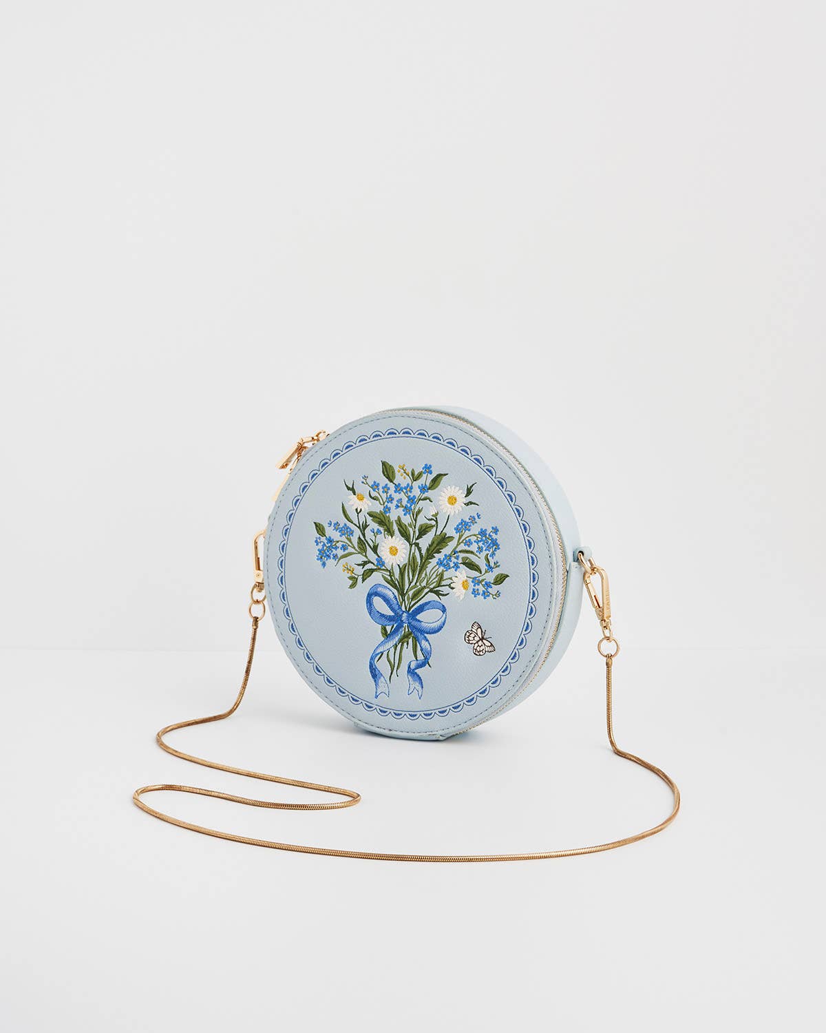 Floral Bow Blue Embroidered Circle Bag