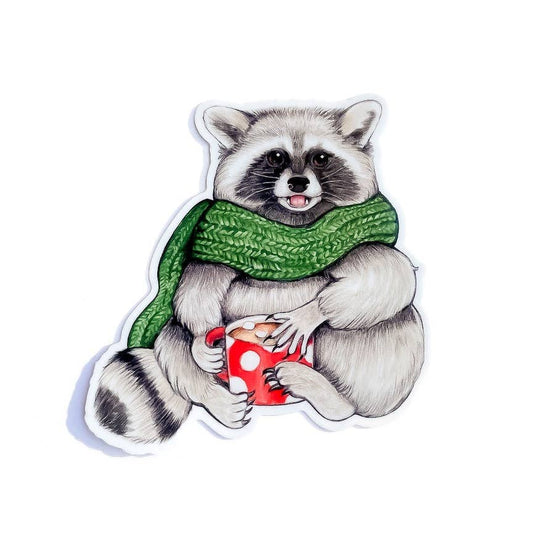 Cozy Raccoon with Mug Weatherproof Vinyl Sticker