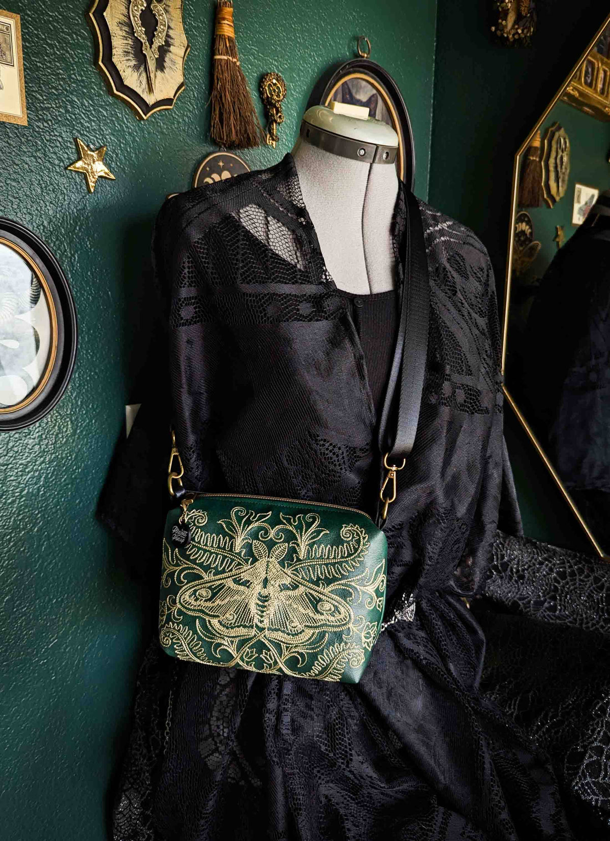 Forest Green and Gold Forest Moth Small Crossbody Bag – Handmade, Vegan Leather, Gold Embroidery, Brass Hardware