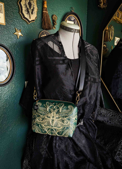 Forest Green and Gold Forest Moth Small Crossbody Bag – Handmade, Vegan Leather, Gold Embroidery, Brass Hardware