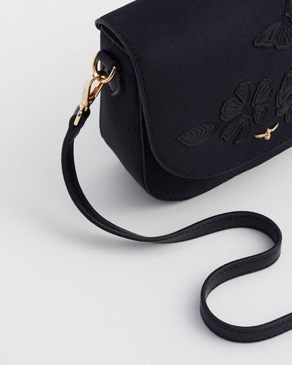 Beth Floral Applique Saddle Bag in Navy Suedette