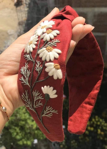 Floral Embroidered Linen Knot Turban-Style Headband