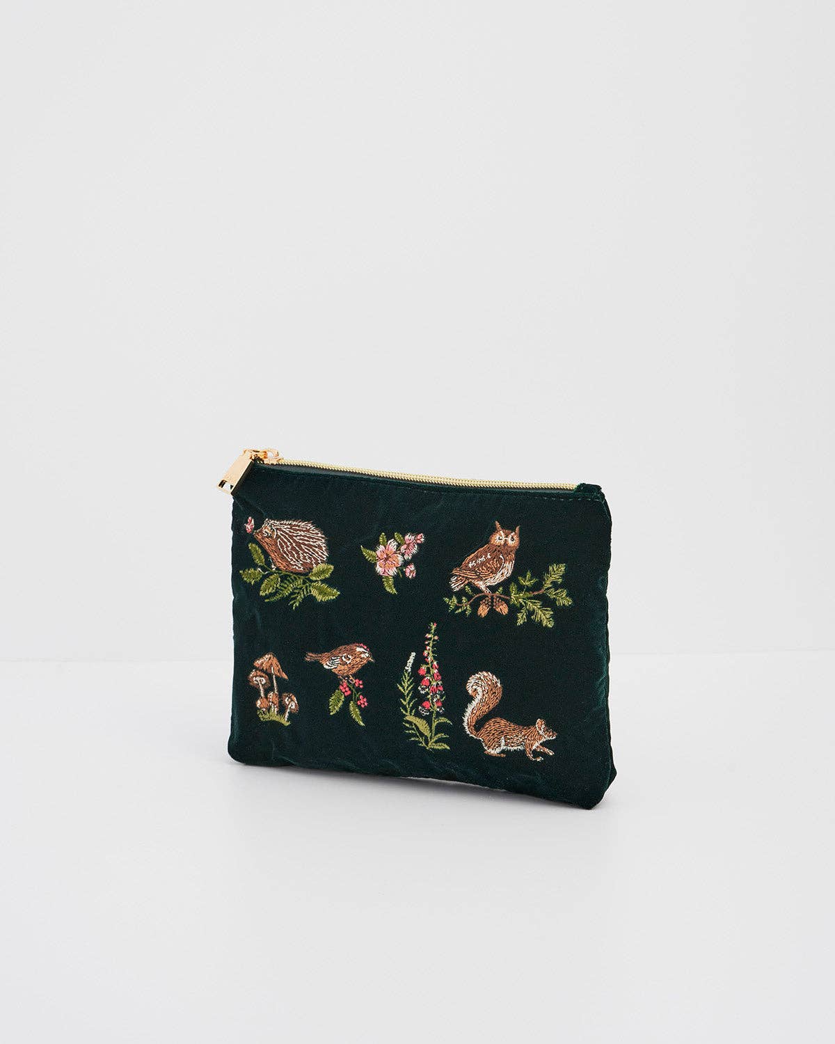 Meadow Scene Embroidered Medium Pouch in Forest Green Velvet