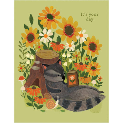 Reading Raccoon Birthday Card