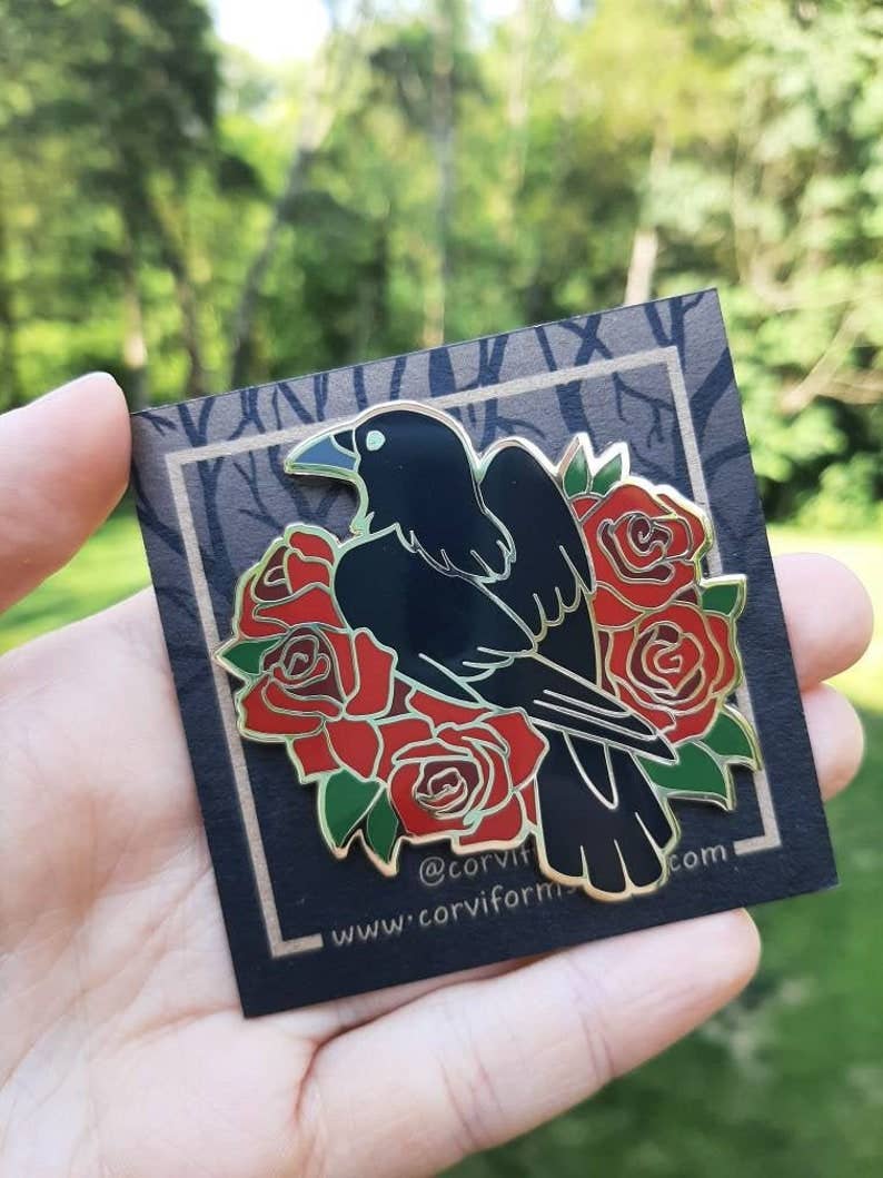 Crow and Roses Hard Enamel Pin