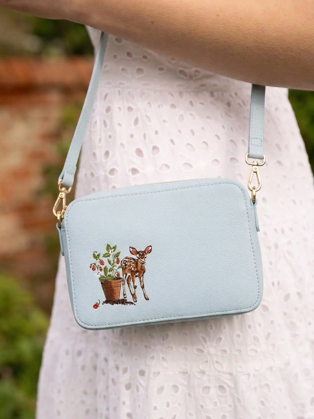 Strawberry & Fawn Blue Embroidered Camera Bag