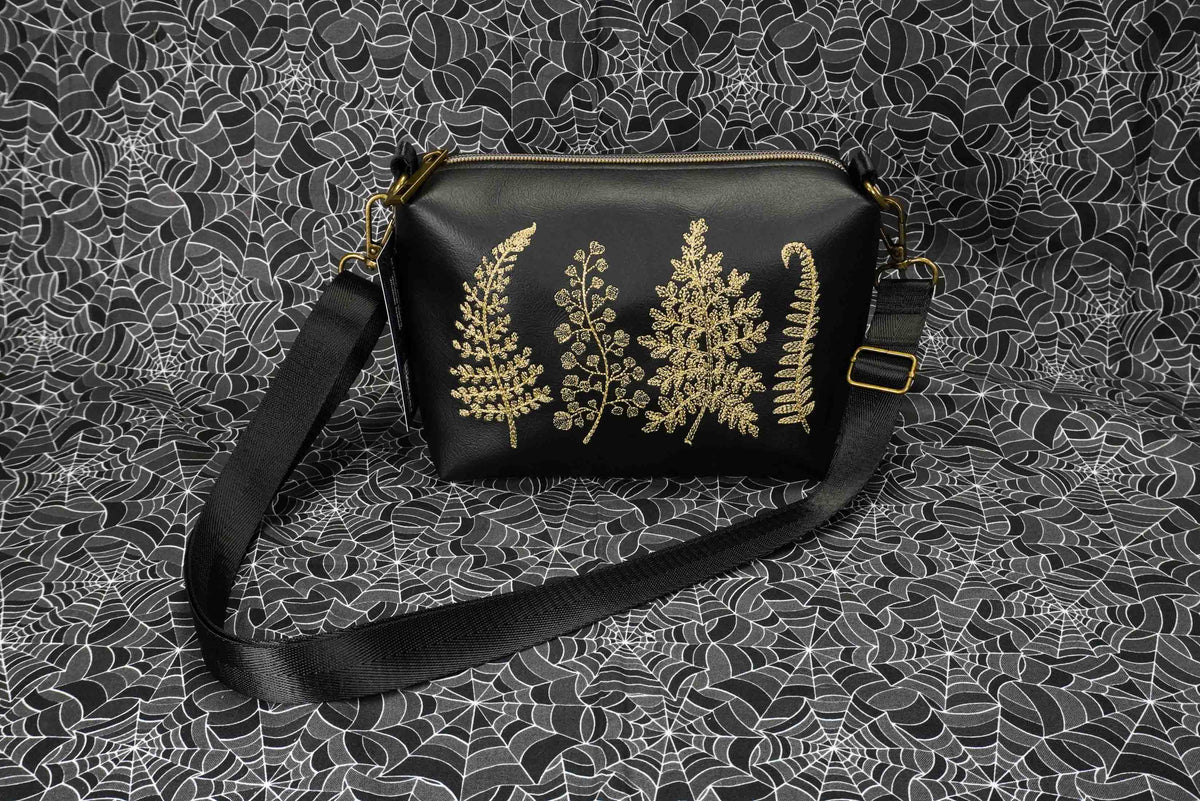 Black and Gold Forest Ferns Small Crossbody Bag – Handmade, Vegan Leather, Gold Embroidery, Brass Hardware