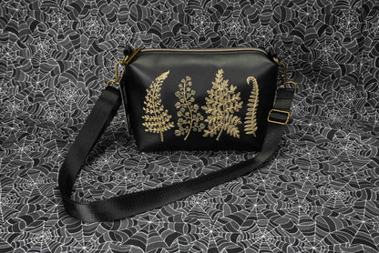 Black and Gold Forest Ferns Small Crossbody Bag – Handmade, Vegan Leather, Gold Embroidery, Brass Hardware