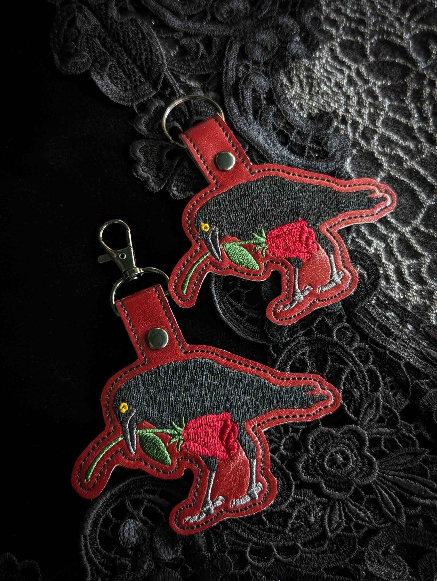 Raven and Rose Embroidered Keychain - Deep Red Faux Leather with Gunmetal Hardware