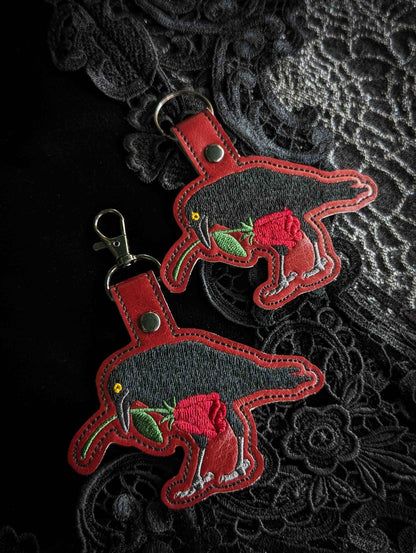 Raven and Rose Embroidered Keychain - Deep Red Faux Leather with Gunmetal Hardware