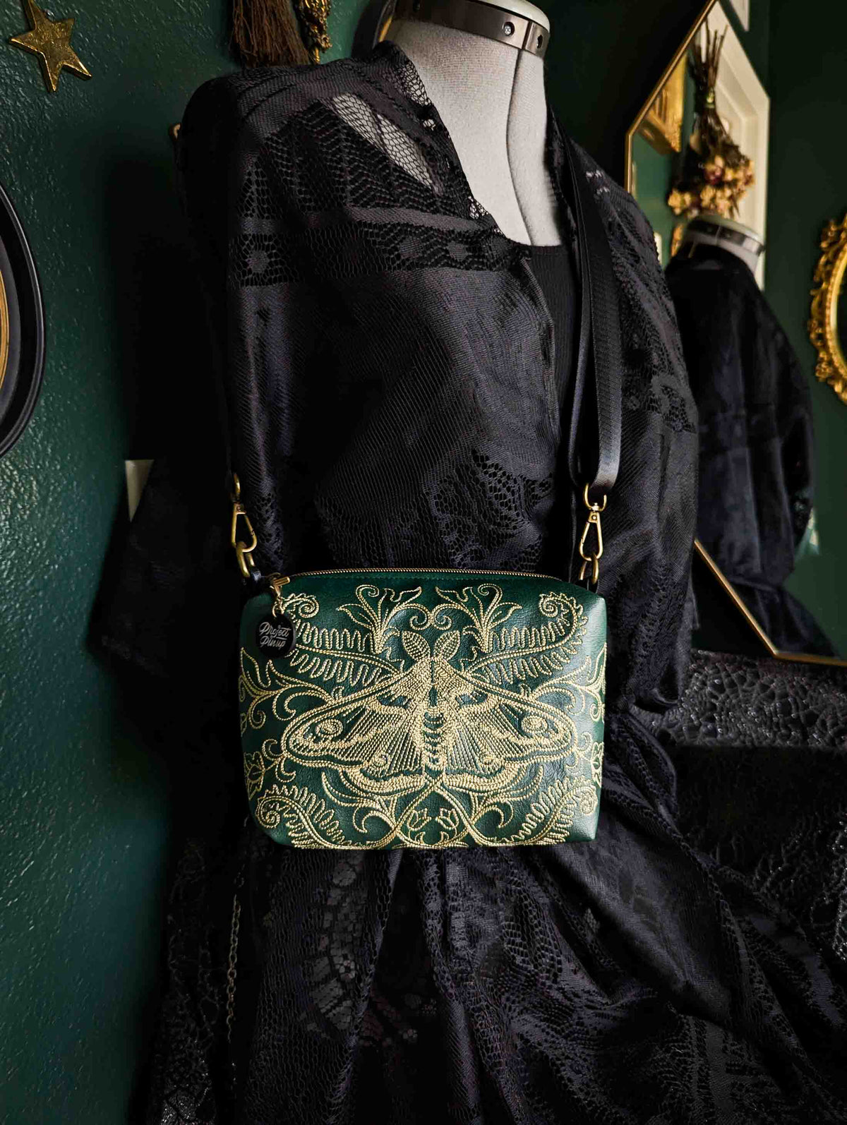 Forest Green and Gold Forest Moth Small Crossbody Bag – Handmade, Vegan Leather, Gold Embroidery, Brass Hardware